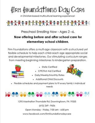 Firm Foundations is now enrolling for our fall preschool and child care programs! Contact us today for more information!