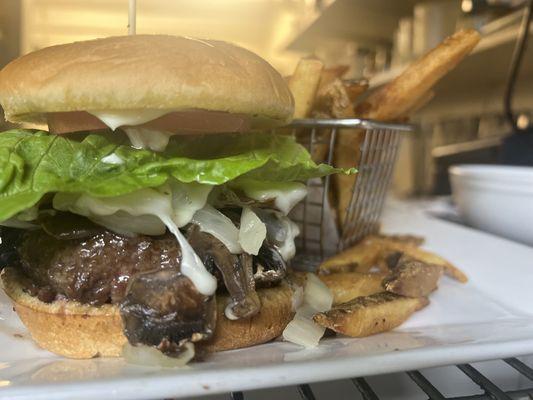 Mushroom Onion Swiss Burger...