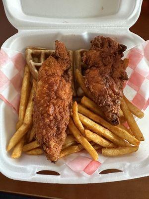 Medium tenders with fries and waffles.