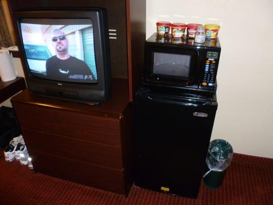 Microwave and mini fridge.