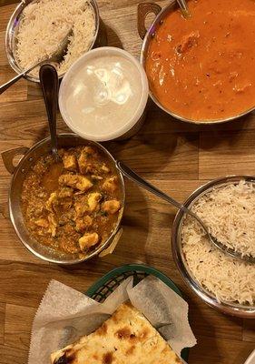 Chicken Tikka Masala, Chicken Curry, naan, Raita, rice