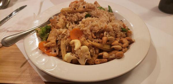 Vegetable Stir Fry with tofu and cashews. I ate it all gone and dried the plate with my big fat tongue too!