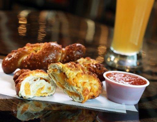 Pimento cheese stuffed pretzels with marinara sauce