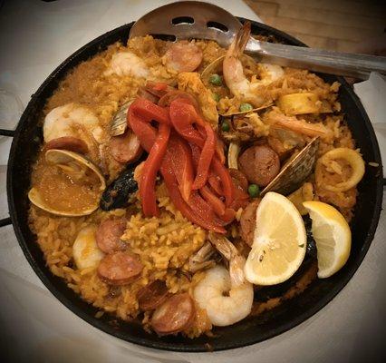 Chorizo, chicken, and seafood paella