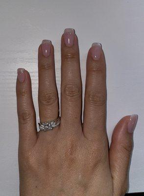 Fine glitter tipped acrylic nails. Square shaped.