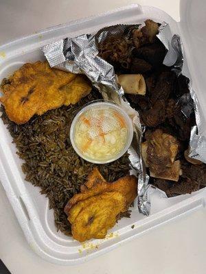 Fried Goat Fried Plantains mushroom rice