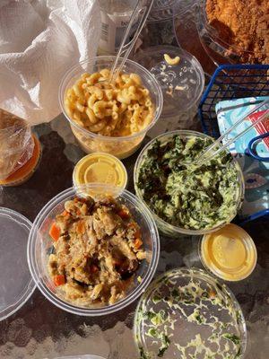 This was our choice of side orders with bucket of DELICIOUS chicken! creamed spinach, Stuffing & Mac & cheese