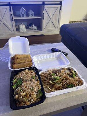 Vegetable lo mein, vegetable fried rice, spring rolls