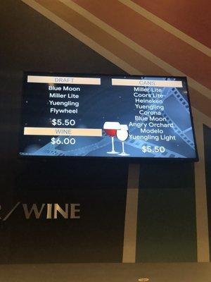 Beer and wine menu