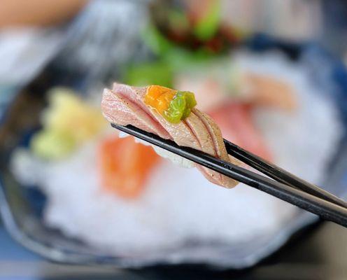 Best piece of the Omakase: Chu-toro w/ uni, kizami wasabi