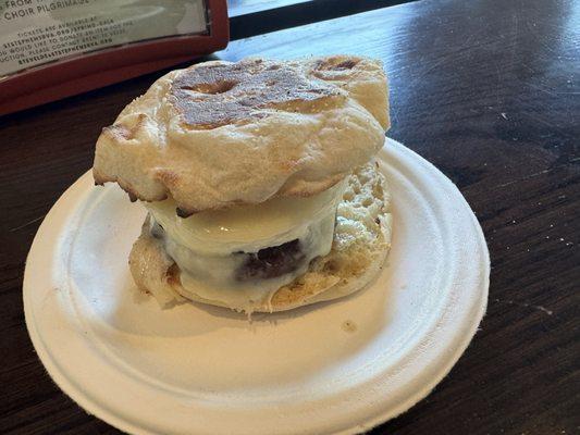 Juss - Egg, swiss, veggie sausage on English muffin.