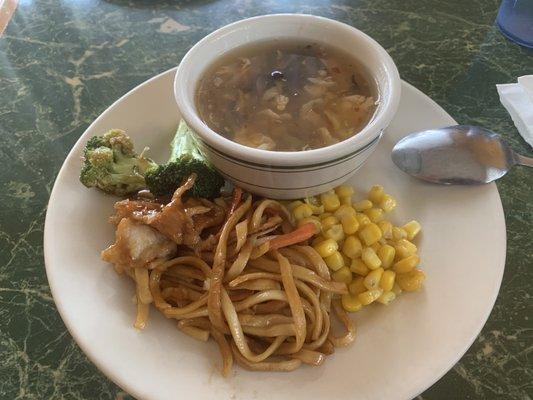 Hot and sour soup, chicken and broccoli, lo mein, canned corn.