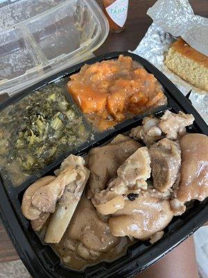 Pork Feet, Greens, Candied Yams and Cornbread