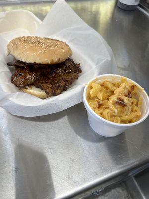 Brisket sandwich with a side of Mac