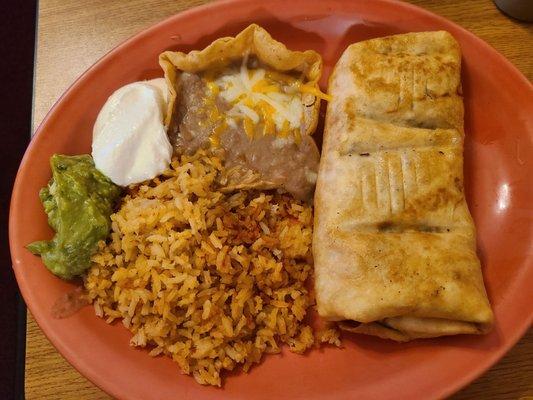 Steak chimichanga with rice and beans