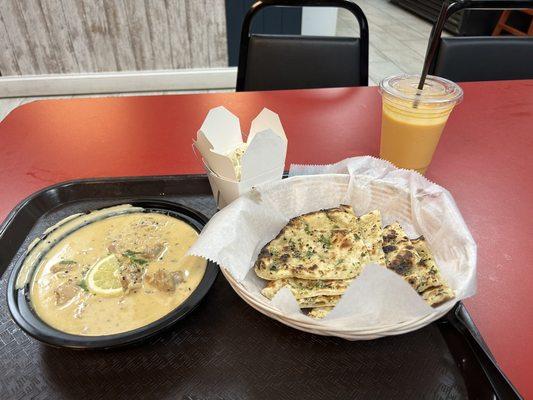 Lemon Spicy Chicken, garlic Naan, rice, Mango Lasi!