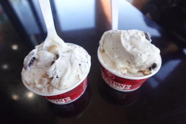 2 small cake batter ice cream cups with oreos and pie crust.