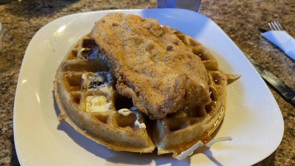 The chicken and waffles after I rearranged it.  The chicken was piping hot until the last bite.