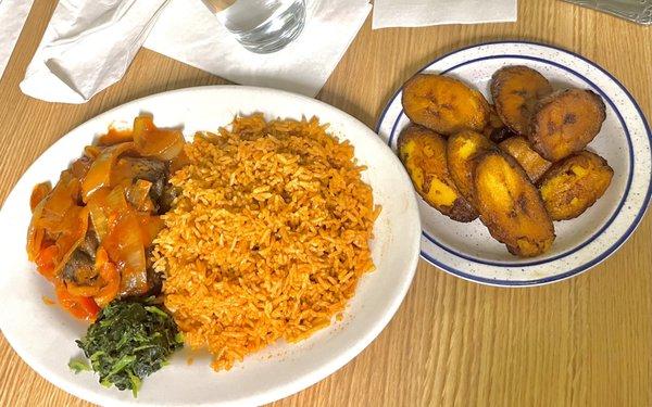 Grilled lamb with onion, tomato, sweet pepper stew, spinach, jollof rice and sweet plantains