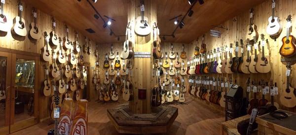 The wooden guitars are kept in this humidified room. The wood scent is amazing!