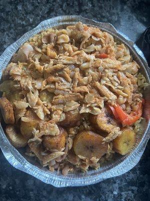 Bacalao w yellow rice and beans, sweet plantains