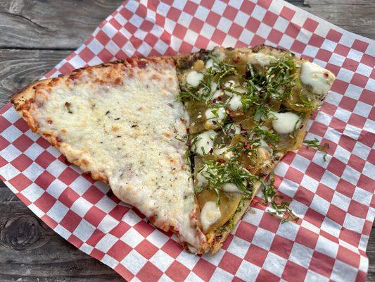 Cheese slice and Pistachio pesto slice