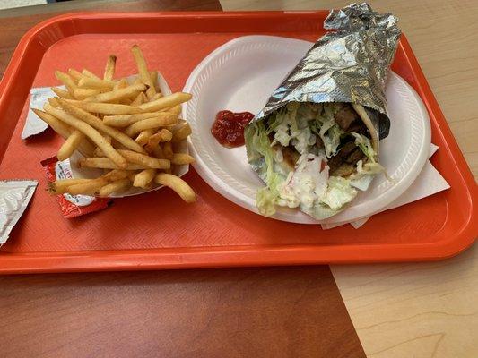 Shawarma combo with fries, pita wrap, and fountain drink (not shown)