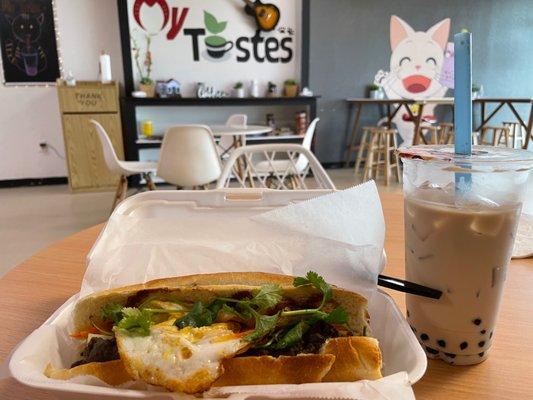 Beef Banh Mi and OoLong Milk Tea with Boba