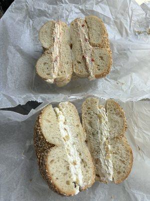 sesame scallion bagel toasted with caramelized onion cream cheese & sesame bagel toasted with sundried tomato cream cheese