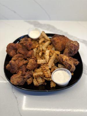 Crinkle cut Addis Fries with 1/2 Chicken - Awaze (Spicy) and fried mushrooms