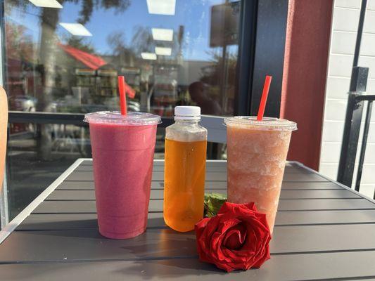 Pitaya Smoothie,  Saffron Tea, and  G.O.L.D (Ginger, Orange, Lemon, Orange) + Pomegranate