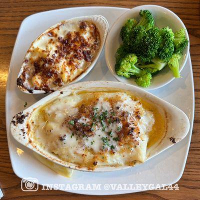 Stuffed haddock with sides of mac and cheese and broccoli