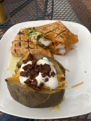 Fried shrimp wrap and loaded baked potato