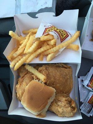 3 piece dark with fries and a roll.