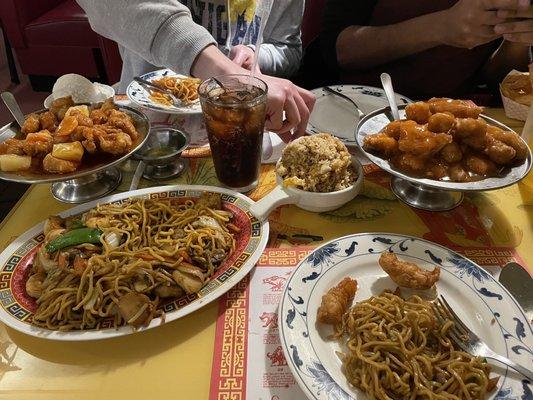 Orange chicken far left, sweet and sour chicken to the right w fried rice and shrimp lo mein!