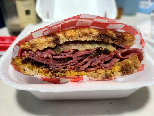 Pastrami on Rye, w/Swiss cheese, mustard and pickles