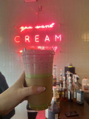 Strawberry oat milk matcha latte