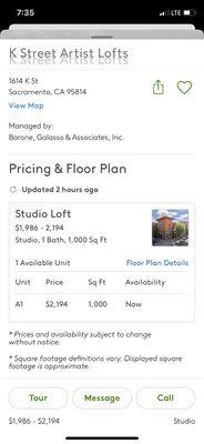 1 hour after I got off the phone with them, the new price they listed for the same apartment.