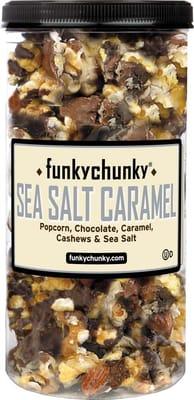 FunkyChunky Sea Salt Caramel Popcorn - Made with real butter and brown sugar, chewy, gooey caramel.