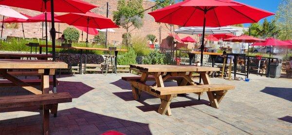 Lovely patio with lots of shade and misters