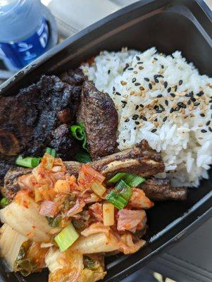 Korean short ribs, jasmine rice, and kimchee