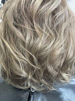 Grey Coverage. Root blend. Long layers w/Bob