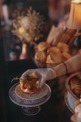 Baked fresh Fridays and Saturdays our Puff Pastry Quiche with cheddar cheese and bacon.