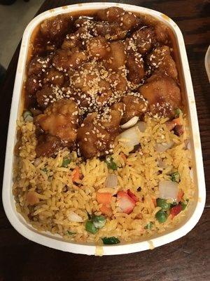 Sesame Chicken with Pork Fried Rice and Egg Roll (not shown)