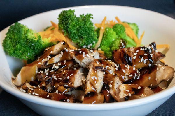 Teriyaki Chicken Bowl with Broccoli, carrots, and jasmine rice.