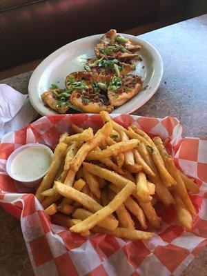 Garlic fries and potato skins.