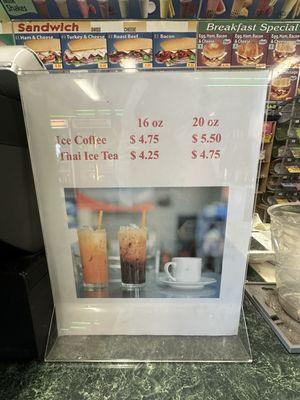 Iced coffee and Thai iced tea menu