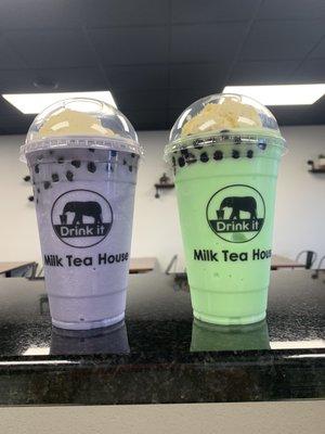 Taro or Honeydew , bled with boba and ice cream on top