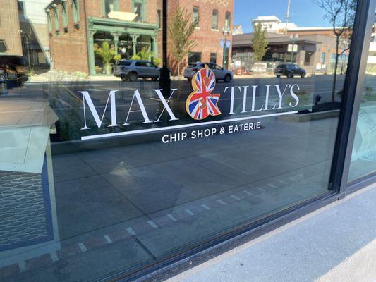 Max & Tilly's Chip Shop & Eaterie Window on 116th Street - Fishers, IN