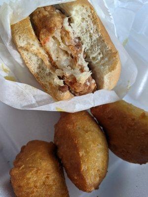 Shrimp burger and hush puppies.